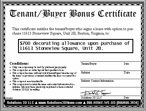 Tenant/Buyer Bonus Certificate